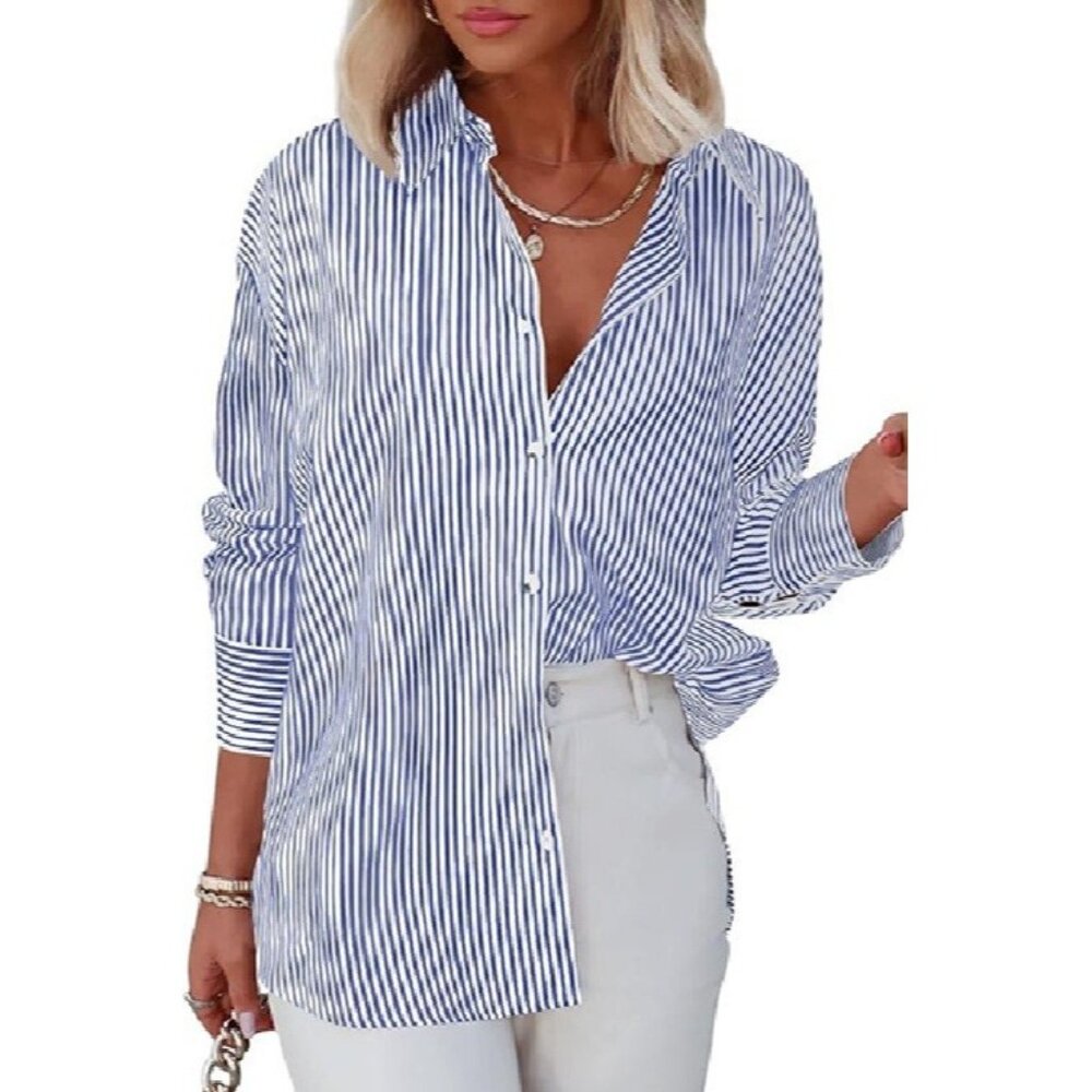 Diosun Women’s MEDIUM Striped Button Down Shirt Blue / White Blouse